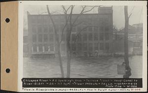 Chicopee River, A.G. Spalding and Brothers, tailrace #1 Unit, head-canal to river = 21.8ft., drainage area = 717 square miles, flow in river (visible in photo) = 4450 cubic feet per second, flow through Dwight Canal = 1000 cubic feet per second, total = 5450 cubic feet per second = 7.6 cubic feet per second per square mile, Chicopee, Mass., 1:25 PM, Apr. 6, 1933