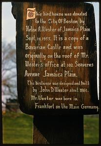 Sign recognizing donation of birdhouse to the City of Boston