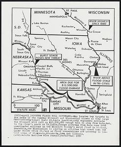 Where Floods Roll Southward--Map locates key targets in the paths of the runaway Missouri and Mississippi Rivers as they surge destructively toward their St. Louis junction. Army engineers estimate the Missouri will roll up $13,500,000 damage toll in area from Rulo, Neb. to the river's mouth at St. Louis. Damage upstream from Rulo runs into unestimated millions in the Missouri Valley's worst flood in history. Meanwhile, the Mississippi is pouring an all-time high crest down the upper valley below St. Paul as flood preparations are underway in lowland areas of Wisconsin, Minnesota, Iowa and Illinois.