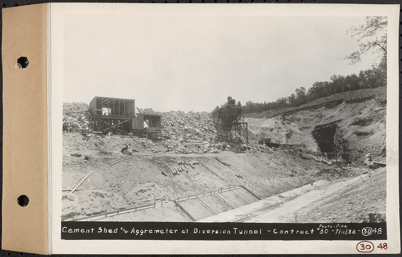 Contract No. 30, Stream Control Works at Main Dam, Swift River Reservoir, Belchertown, Enfield, Ware, cement shed and aggremeter at diversion tunnel, Belchertown, Mass., Jul. 11, 1932