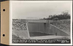 Contract No. 66, Regulating Dams, Middle Branch (New Salem), and East Branch of the Swift River, Hardwick and Petersham (formerly Dana), looking easterly at dam 4, middle branch regulating dam, Hardwick, Mass., Dec. 9, 1939