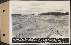 Contract No. 80, High Level Distribution Reservoir, Weston, looking west from Sta. 21+50 showing swamp 3, high level distribution reservoir, Weston, Mass., Jun. 21, 1940