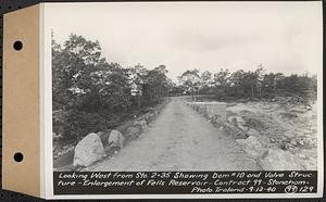 Contract No. 99, Enlargement of Fells High Level Distribution Reservoir, Stoneham, Malden, Melrose, looking west from Sta. 2+35 showing dam 10 and valve structure, enlargement of Fells Reservoir, Stoneham, Mass., Sep. 13, 1940