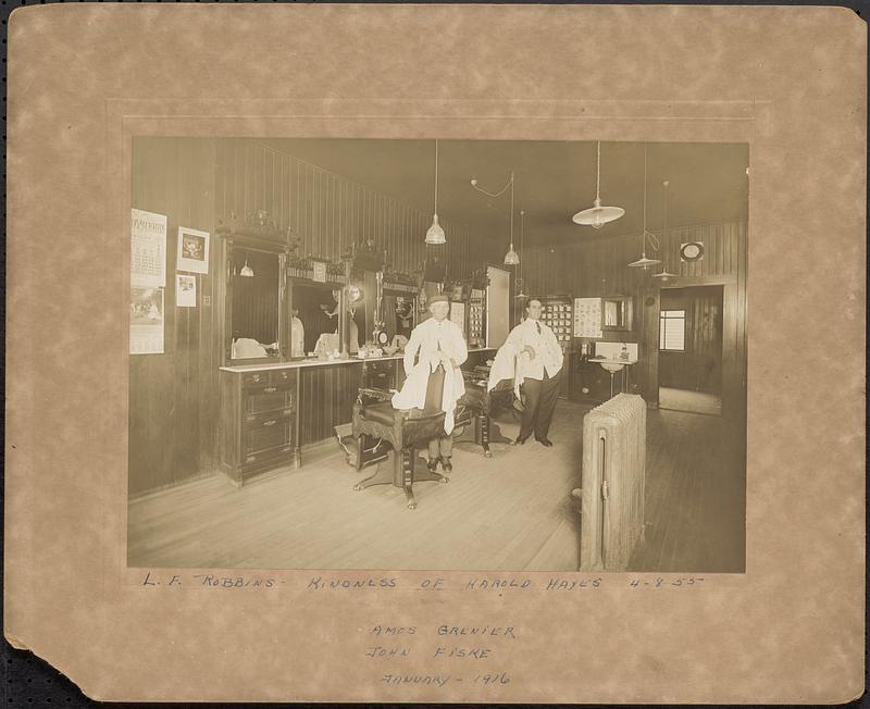 Amos Grenier, John Fiske, in barber shop