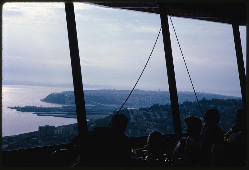 View through window of coastline and bay, Seattle