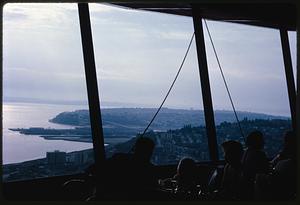 View through window of coastline and bay, Seattle