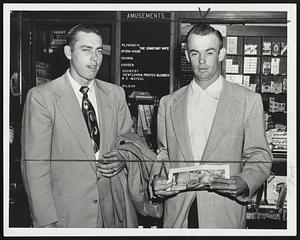 Their First Trip to Boston, and Willie Schmidt, right, already has seen action for the Cards against the Braves, having relieved for a third of an inning last night. Both he and Catcher Lee Fusselman, left, shown at the Hotel Kenmore magazine counter, will be available for action against the Tribe thos afternoon.