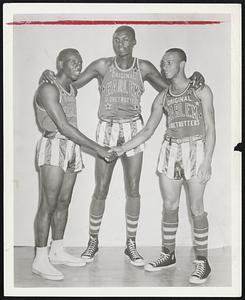 Trotters, New and Old who will put on their famous court clowning as a prelude to the Celtics-Royals game at the Garden tonight are (left to right) veteran Goose Tatum (center) and newcomers Walt Dukes and Bill Garrett.