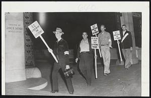 Pickets at U.C.- Custodial empolyes of the University of California picket the campus in a strike resulting from a wage dispute. The first strike in the history of the University in volved 150 members of Local 371 of the AFL State, County and Municipal Employes Union.