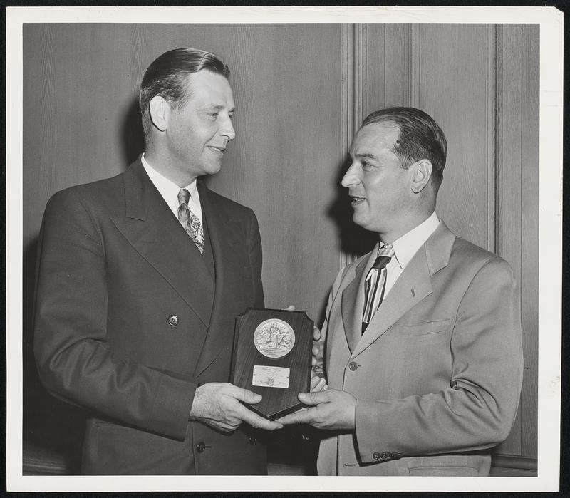 Eagles Honor Secretary Tobin. Secretary of Labor Maurice J. Tobin receives the National Civic Service Award of the Fraternal Order of Eagles “for courageous leadership in establishing the rights of labor and promoting better relations between management and labor.” The presentation was made in the secretary’s office in Washington by John F. Kelley, of Cambridge, Massachusetts, national vice president of the Eagles, on behalf of the more than one million members of the Order.