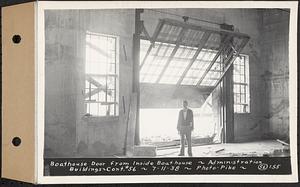 Contract No. 56, Administration Buildings, Main Dam, Belchertown, boathouse door from inside boathouse, Belchertown, Mass., Jul.11, 1938