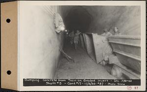 Contract No. 17, West Portion, Wachusett-Coldbrook Tunnel, Rutland, Oakham, Barre, dumping concrete from train on graded invert, Sta. 378+00, Shaft 5, Rutland, Mass., Nov. 4, 1930