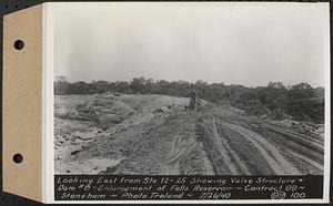 Contract No. 99, Enlargement of Fells High Level Distribution Reservoir, Stoneham, Malden, Melrose, looking east from Sta. 12+25 showing valve structure and dam 8, enlargement of Fells Reservoir, Stoneham, Mass., Jul. 26, 1940