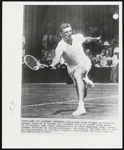 Sedgman Streches--Top-seeded Frank Sedgman of Australia, appears tense as he reaches for forehand volley in fourth round match of All-England lawn tennis championships at famed Wimbledon, Eng., today. Sedgman defeated his fellow-countryman, Don Candy, in straight sets to enter the quarterfinals in the men's singles.