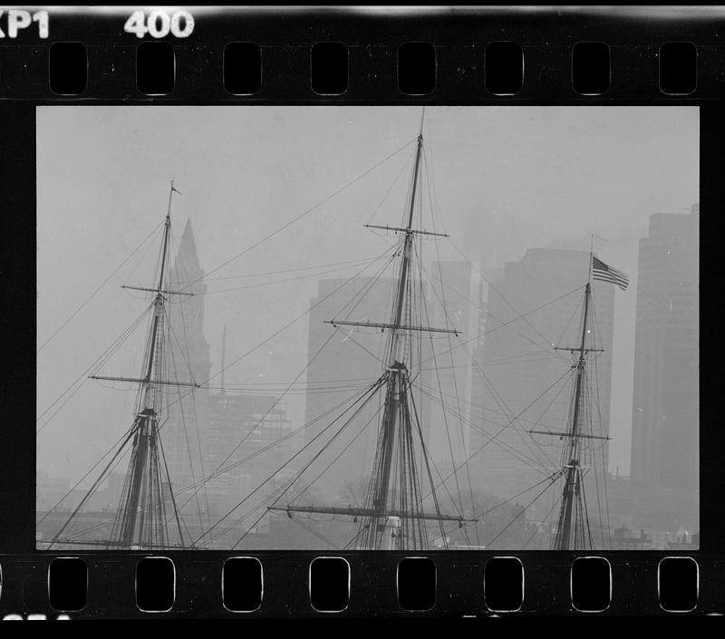 USS Constitution & skyline from Charlestown, downtown Boston