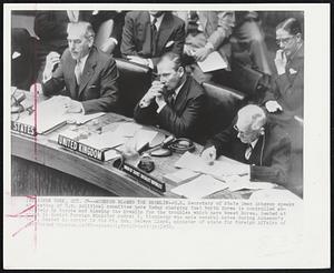 Acheson Blames the Kremlin--U.S. Secretary of State Dean Acheson speaks at meeting of U.N. political committee here today charging that North Korea is controlled absolutely by Russia and blaming the Kremlin for the troubles which have beset Korea. Seated at right is Soviet Foreign Minister Andrei Y. Vishinsky who made several notes during Acheson's talk. Seated in center is the Rt. Hon. Selwyn Lloyd, minister of state for Foreign Affairs of the United Kingdom.