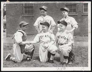 Brighton Little Leaguers, wearing street clothes, line up to register in Municipal Building (left photo). Boys (left to right) are: Jackie Keating, Tommy Connors, Anthony Mercuri and John Murphy. Taking down names are team managers. They are (front to rear) Paul Ricard, Jack Wholey, Frank Nolan and Tom Lynch. In right photo, Richard Delmonica congratulates happy youngsters in their new uniforms. The Little League baseball season is now underway.