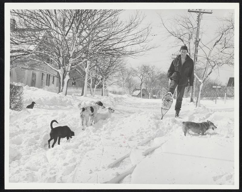 4. Richard Baker of Barnstable on snow shoes conquers highway drifts on snow shows as he delivers medicine for local pharmacy.
