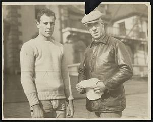 Left to right. Charles Frances Adams Jr. son of famous Yachtsman and new Sect. of the Navy talking things over with Harvard Freshman Coach Bert Haines.