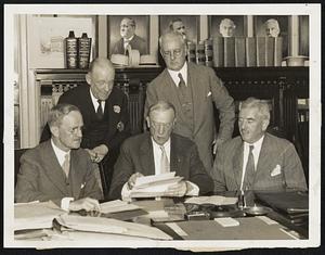 E. Jenkins--With "Waterways"- Story to come from Druen--These prominent people called on Mayor Mansfield at City Hall yesterday to accept his invitation to bring the the convention of the Atlantic Deeper Waterways association to Boston and the Hotel Statler, Oct. 7-10. Front, left to right, Mayor J. Hampton Moore of Philadelphia, president of the association; Mayor Mansfield, and John J. Martin, chairman of the local committee on arrangements. Rear, left to right, Bradbury F. Cushing, secretary of local and committee; Frank S. Davis, treasurer of local arrangements committee.