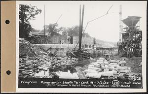Contract No. 19, Dam and Substructure of Ware River Intake Works at Shaft 8, Wachusett-Coldbrook Tunnel, Barre, progress panorama, Shaft 8, stone wing wall and head house foundation, north bank, Barre, Mass., Jul. 2, 1930