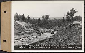 Contract No. 66, Regulating Dams, Middle Branch (New Salem), and East Branch of the Swift River, Hardwick and Petersham (formerly Dana), looking southerly at dam 4, middle branch regulating dam, Hardwick, Mass., Jul. 25, 1939