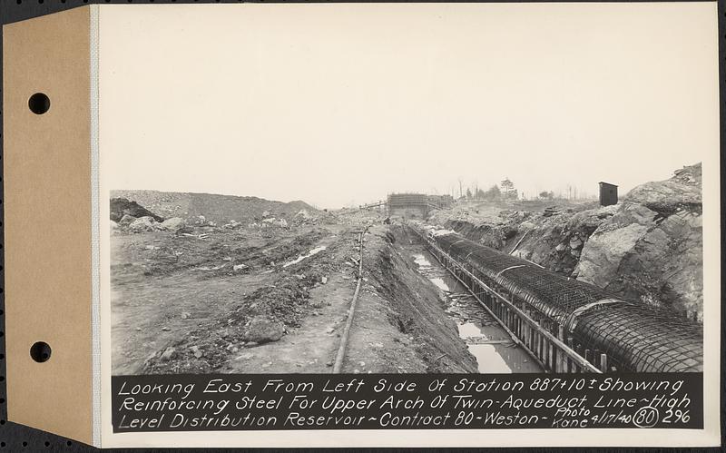 Contract No. 80, High Level Distribution Reservoir, Weston, looking east from left side of Sta. 887+10+/- showing reinforcing steel for upper arch of twin aqueduct line, high level distribution reservoir, Weston, Mass., Apr. 17, 1940