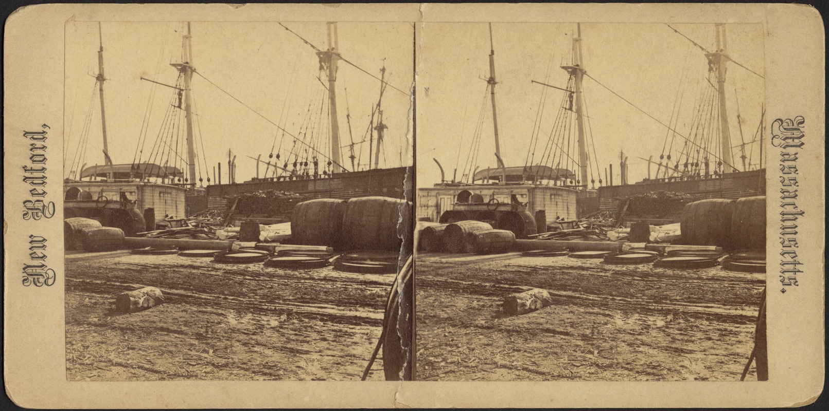 New Bedford Dock with Ships and Oil Barrels