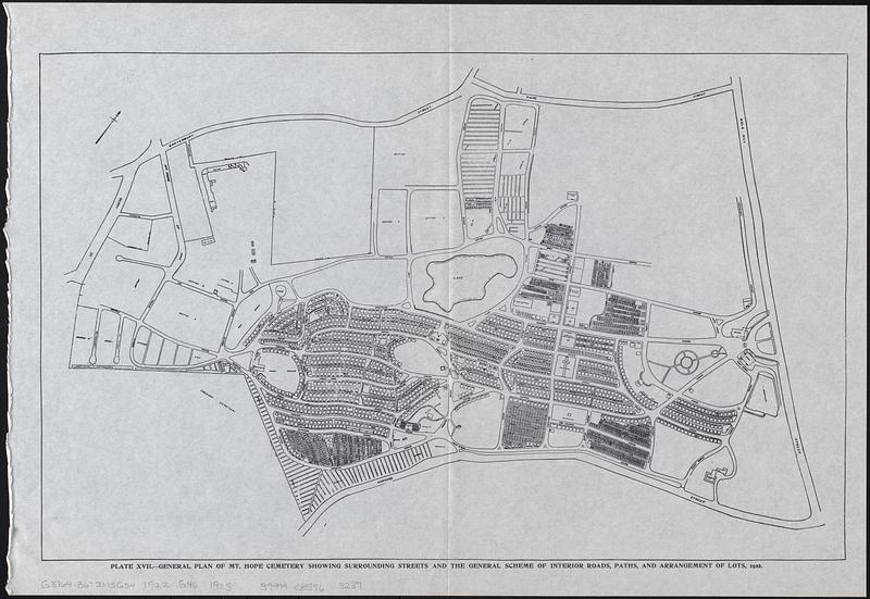 General plan of Mt. Hope cemetery showing surrounding streets and the general scheme of interior roads, paths, and arrangement of lots, 1922