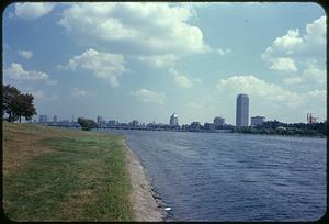 View from edge of Charles River with Boston skyline on right, Cambridge, Massachusetts