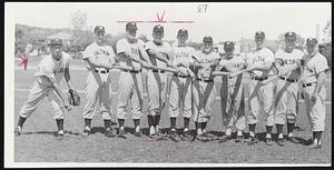 Waltham High. L-R. Norm Elliott - P. Tony Navarro - P. Kevin Ryan - RF. Kenny Shea - IB. Bob Mac Causland - SS. Arthur Miliken - CF. Ted Arico - 3B. Buzz Borden - OF-P. Donald Brophy - LF. Ray Yetten - Coach.
