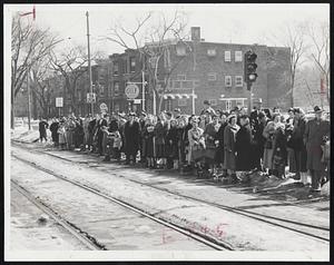 Commuters Wait At Cleveland Circle, Brighton, For MTA Street Cars To Take Them To Work.