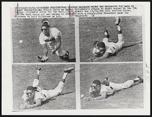 Dodger Stadium: Four pictures sequences shows the desperate try made by Dodger centerfielder Willie Davies on Harmon Killebrew’s single to short center in the 5th inning. (UL) Davis dives for the ball. (UR) He almost has it. (LL) The ball bobbles loose. (LR) The ball drops out and Harmon is credited with a single. Dick Tracewski made the recovery to hold Killebrew on 1st.