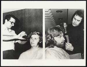 Longhair: No Respecter of "Boundaries" Undated: A prevalence for the 'hippie' hairdo -- a most distressing trend to some, Moms, Dads and barbershop owners -- seems to be waning. During its heyday it was no "respecter" of boundaries, transcending those of age and position. At left the curly locks being trimmed belong to husky hockey player Gary Smith of the Chicago Blackhawks (1971 photo). At right, veteran London hairstylist John Francis works on one of his longhaired customers recently.
