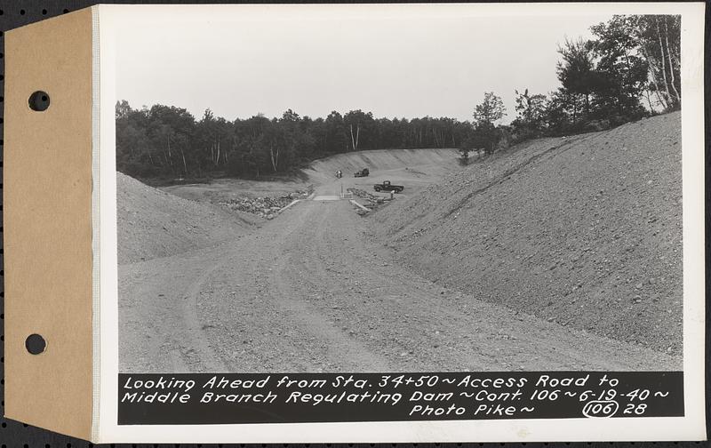 Contract No. 106, Improvement of Access Roads, Middle and East Branch Regulating Dams, and Quabbin Reservoir Area, Hardwick, Petersham, New Salem, Belchertown, looking ahead from Sta. 34+50, access road to Middle Branch Regulating Dam, Belchertown, Mass., Jun. 19, 1940