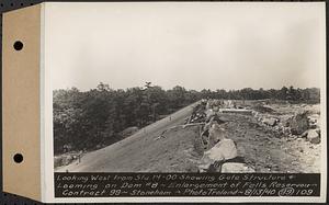 Contract No. 99, Enlargement of Fells High Level Distribution Reservoir, Stoneham, Malden, Melrose, looking west from Sta. 14+00 showing gate structure and loaming on dam 8, enlargement of Fells Reservoir, Stoneham, Mass., Aug. 13, 1940