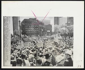Patriotic Rally-- Hundreds of construction workers, waving American Flags, mass in Niagara Square in downtown Buffalo today. Many carried signs calling for support of U.S. troops in Vietnam and loyalty to America and the Flag.