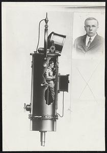 The newly invented deep sea diving apparatus of Dr. Hans Hartman (insert) of N.Y. noted submarine explorer and inventor, which he will go down to a depth of 500 feet off the North African Coast on his Mediterranean Deep Sea Scientific Expedition. He is to get data and photographs, which are taken with the camera on front of cylinder. Dr. Hartman is the only man to have attained a depth of 1500 feet.