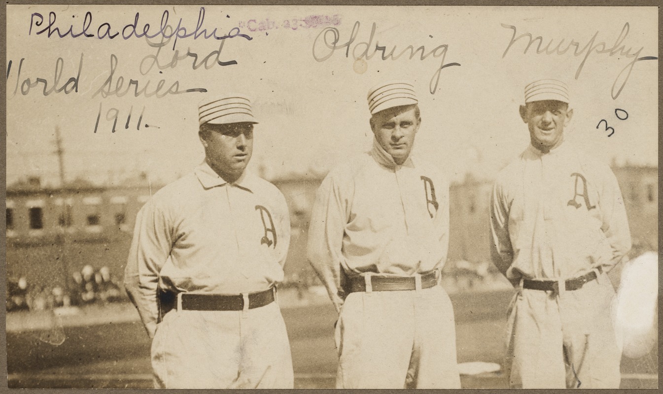 Bris Lord, Rube Oldring and Danny Murphy of the Philadelphia Athletics,  1911 World Series - Digital Commonwealth