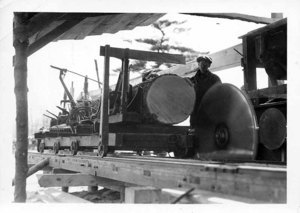 The Big Saw of the Daniels (Rowley) Mill at Aggie. This Was Sawing 1938 Hurricane Lumber. The School Trees Amounted to 60,000 Feet. Neighboring Farmers Hauled in Enough Logs to Make 90,000 More Feet