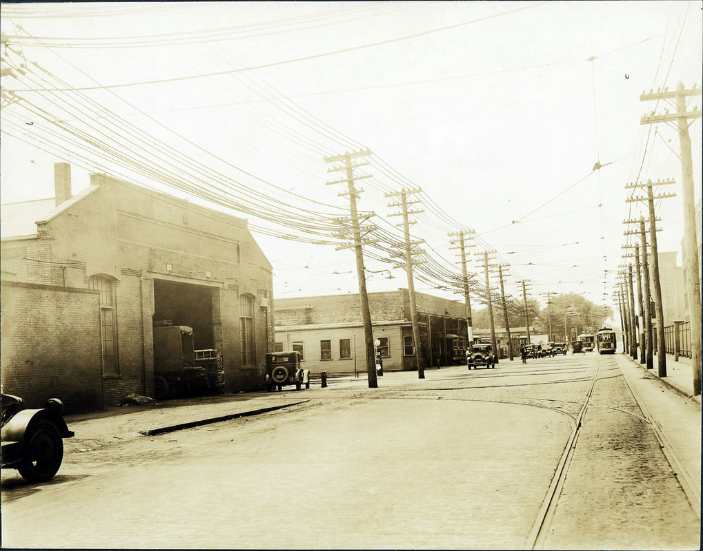 Merrimack St.; Trolley car barn; wood mill