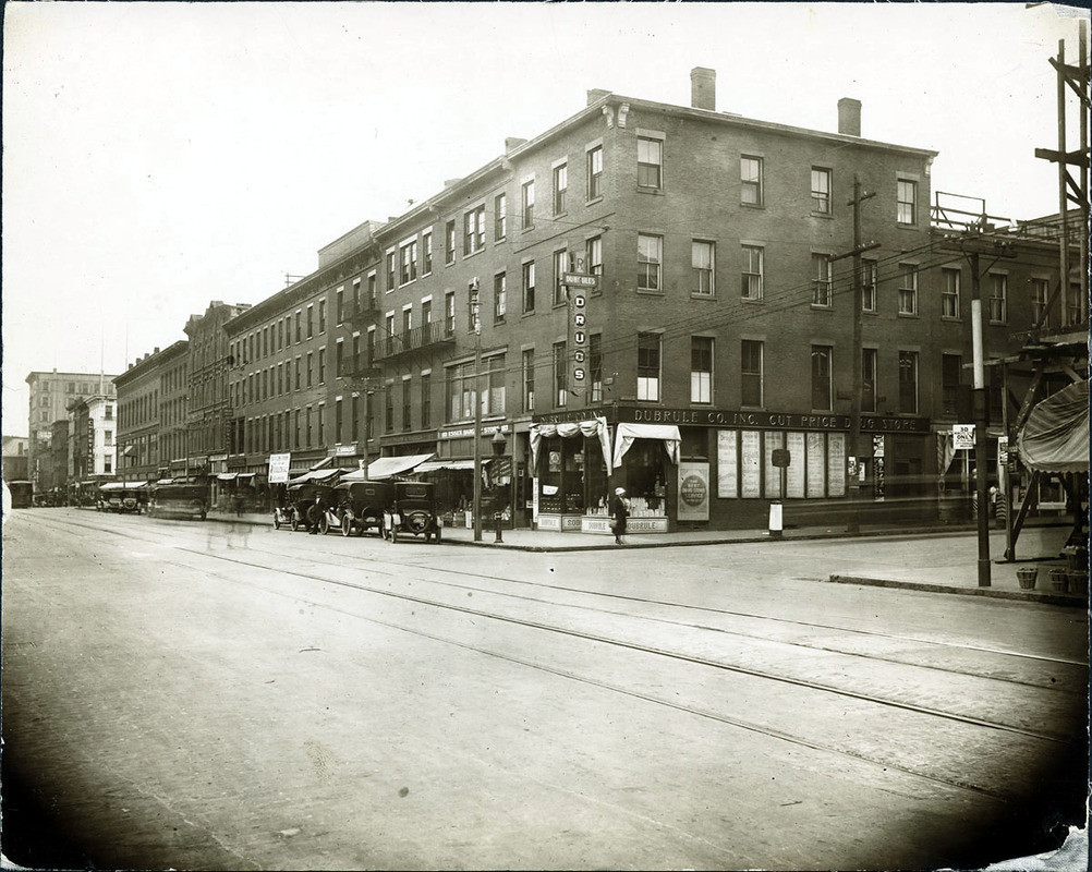 Essex St., north side at Jackson St. looking west; Cherry & Webb; De Brule's Drugs