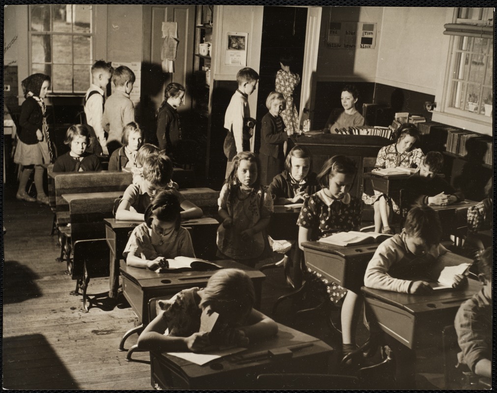 Children Crusade - Bennington, VT. Mt. Pleasant School in Sunderland - children putting pennies in cans on teacher DUNDON's desk.