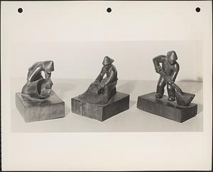 [Left] Man dumping fish ; [Center] Man pulling net ; [Right] Man shoveling fish