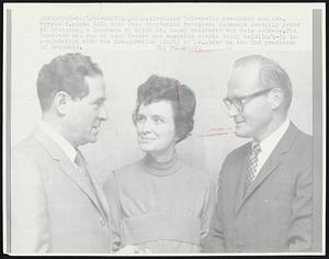 Brandeis University President and Mrs. Morris B. Abram talk with Ford Foundation President MrGeorge Bundy (L) prior to attending a luncheon at which Mr. Bundy delivered the main address. The luncheon was one of the many festive and academic events being held (10/4-6) in conjunction with the inauguration (10/6) of Mr. Abram as the 2nd president of Brandeis.