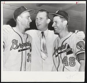 Happy Warriors – These three players sparked the Braves to a 4-3 victory over the Dodgers last night at Ebbets Field to end a Brooklyn winning streak of 10 games over the Tribe. Starting pitcher Jim Wilson congratulates Reliefer Lou Burdette (left) and Andy Pafko who hit game-winning two-run homer in the ninth.