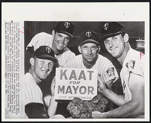 Spring training' always good for pictures of ball players with fans and babies and trick gloves, but this Minnesota Twins group at Orlando seem to be getting in some hot campaigning for mayor of Wyoming -- Michigan, that is. Actually, Lawrence Kaat of Wyoming is the candidate, and sent the card to nephew Jim Kaat, left, lefthanded Twins pitcher. Campaign workers and fellow Twins are George Banks, John Goryl and Bob Allison.
