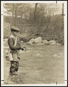 Here’s a New Hampshire lad who looked the complete angler when observed in the Pemigewasset river at North Woodstock, N.H., yesterday . He was one of those to celebrate the opening of the New Hampshire brook trout fishing season ,and he went home with a good catch.