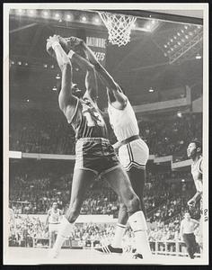 Old Foes in familiar action at Garden in last night’s NBA playoff were Bill Russell of the Celts, left, and Wilt Chamberlain.