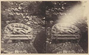 Stereograph view of sculpture of reclining woman or goddess